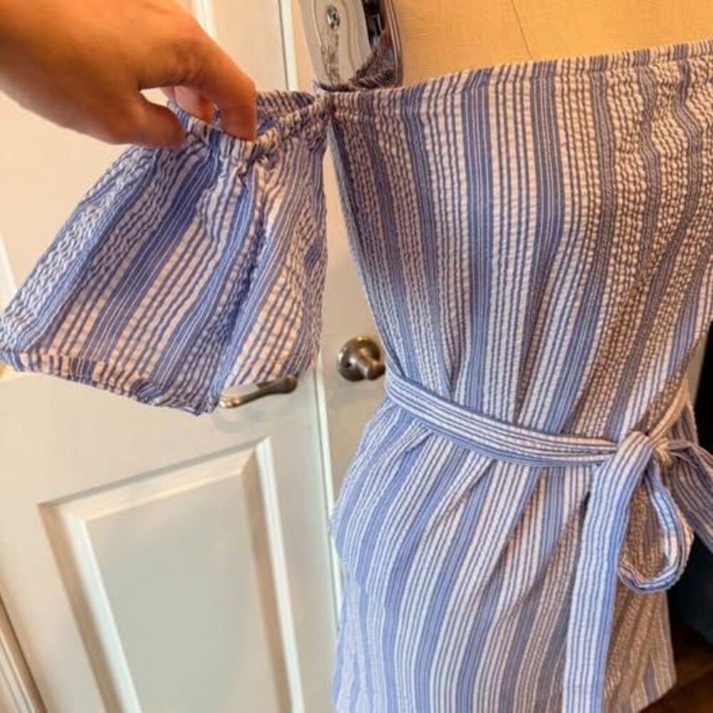 Off Shoulder Striped Mini Dress XS Blue Tie Waist Summer Beach Casual - Picture 3 of 8